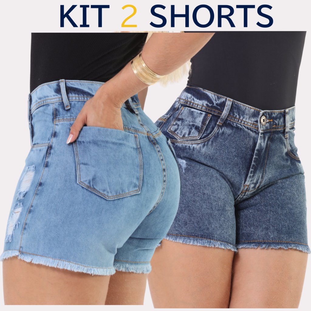 Kit 2 Shorts Jeans Feminino Cintura Alta Barra Desfiada  Lavagens Diferentes