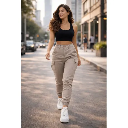 Calça Cargo Jogger Jeans Feminina Cintura Alta Com Lycra