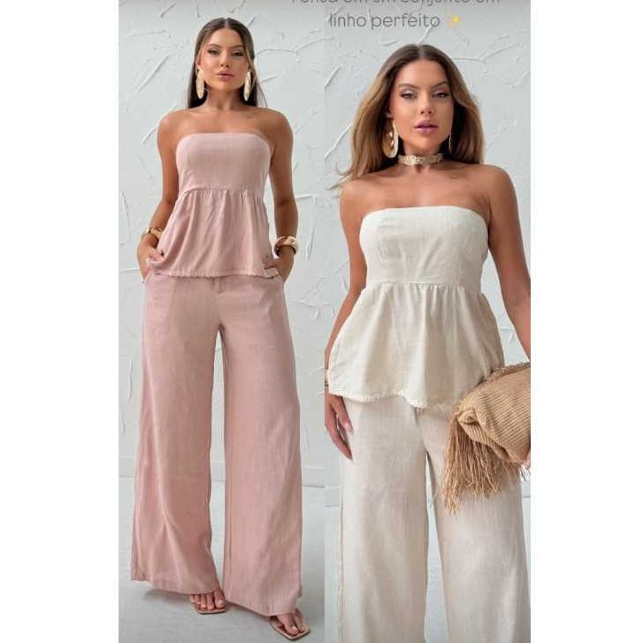 conjunto em linho premium regata pouco efeito balone com calça pantalona