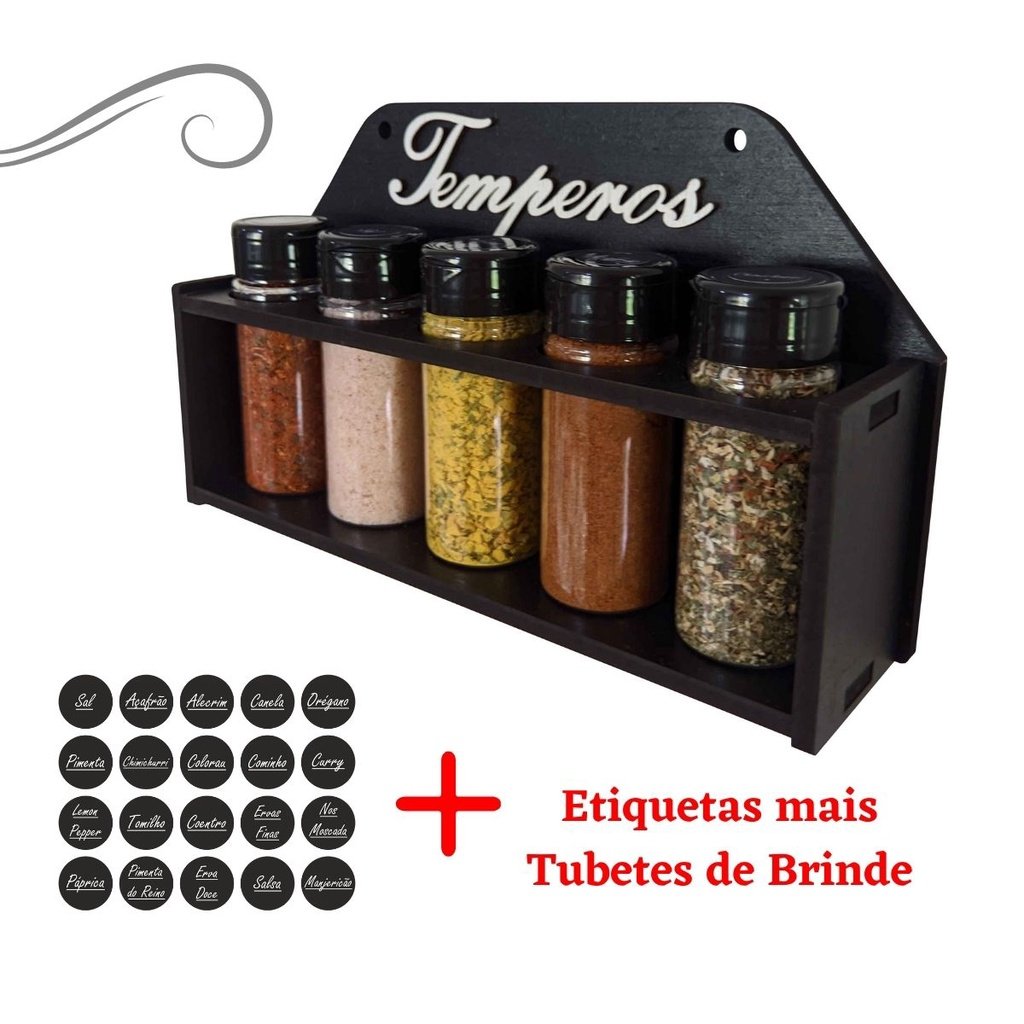 Porta Tempero com 5 Potes com Tampa mais Etiquetas, Fabricado em Mdf - Envio Rápido