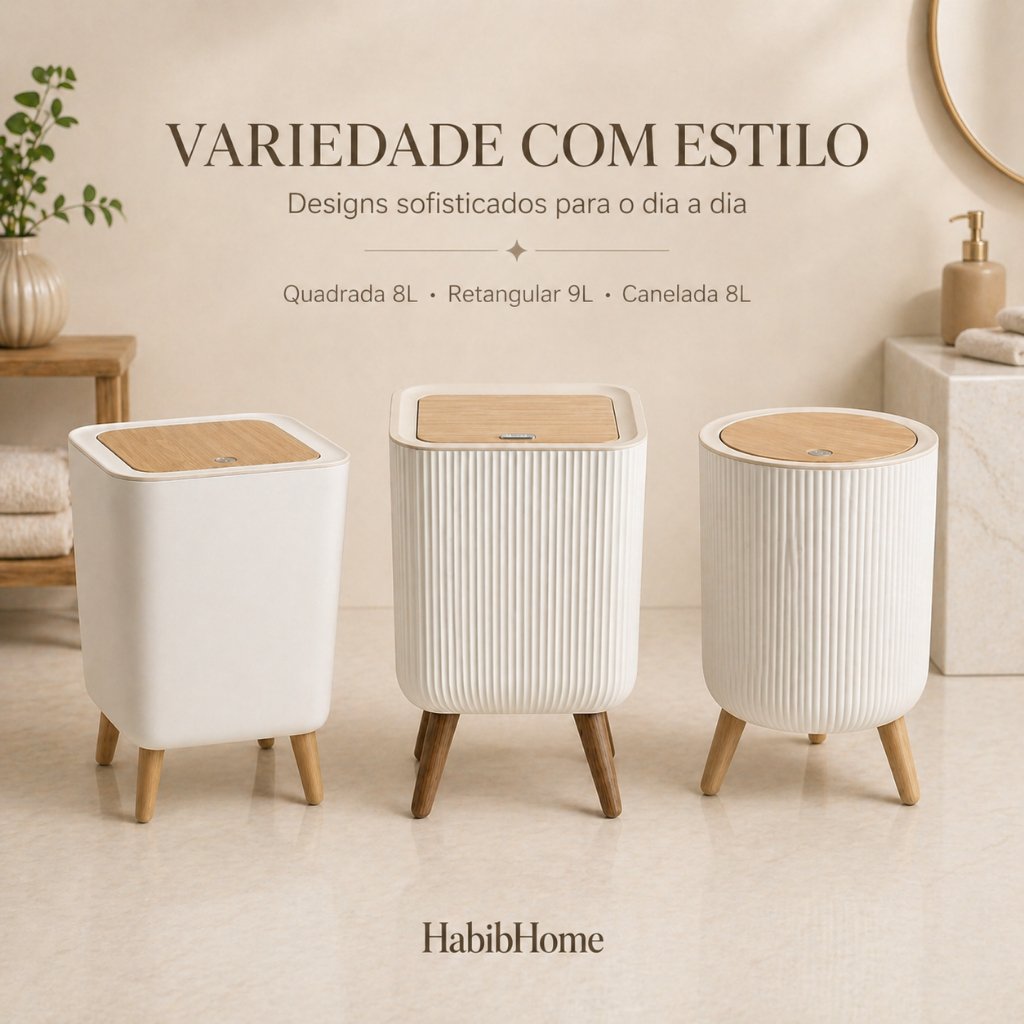 1️⃣Lixeira Decorativa Moderna | 8L e 9L com Tampa Click Bambu e Pés Simulam Amadeirado Design Clean