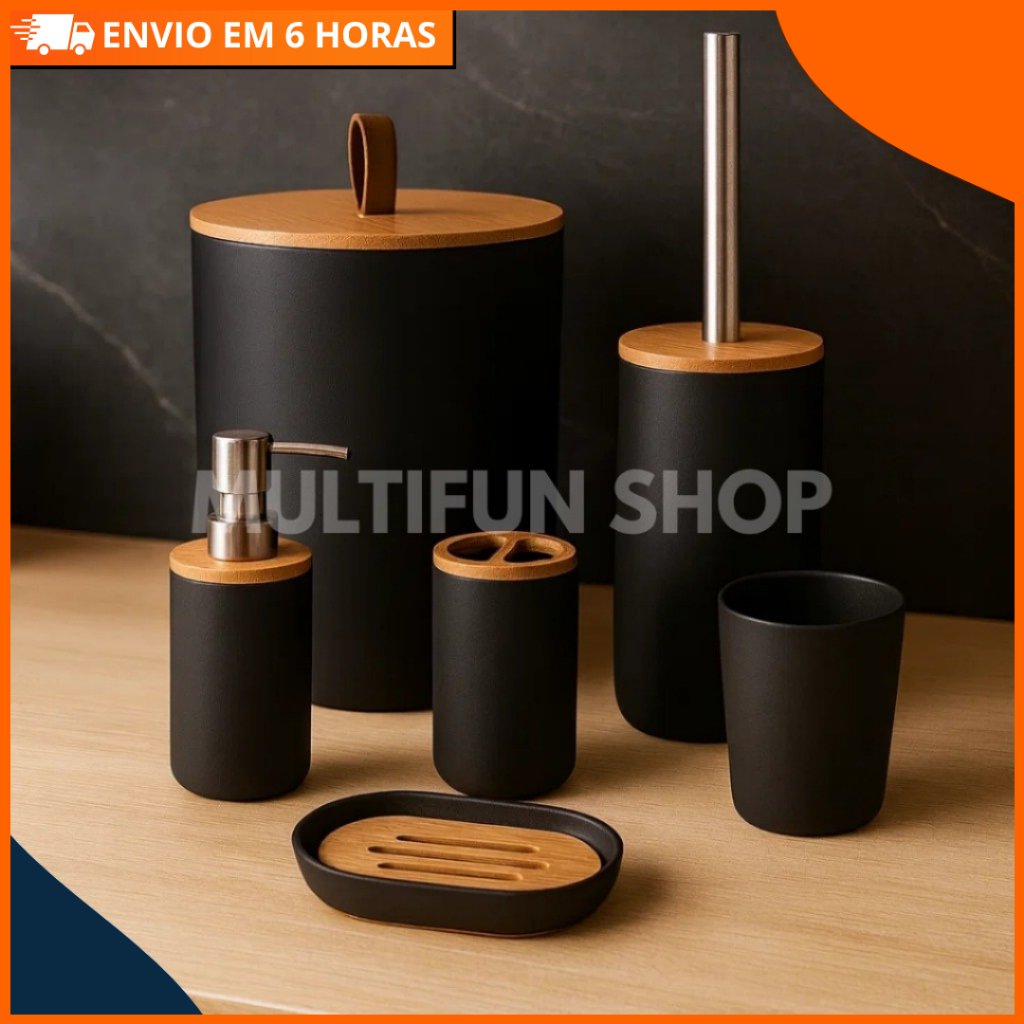 Kit Banheiro 6 Peças em Bambu e PP – Design Sofisticado para Banheiros Organizados