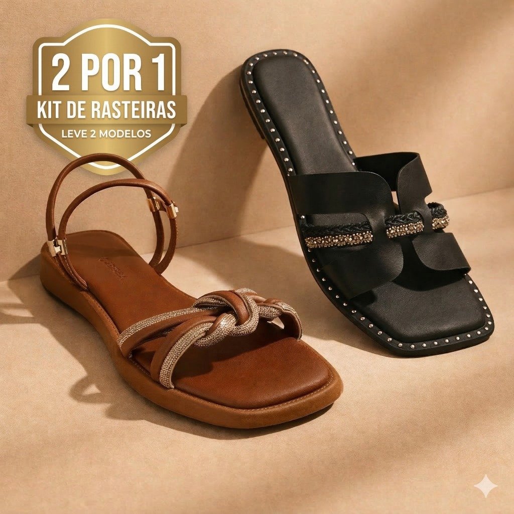Kit 2 Sandálias Femininas Rasteira Elegante Confortável Strass Casual Dia a Dia Moda Leve