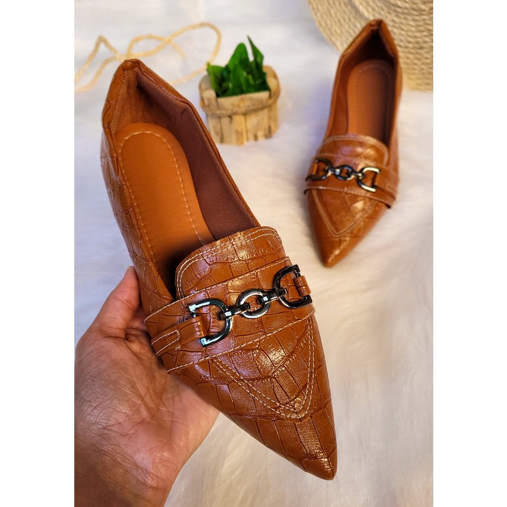 Sapatilha Bico Fino Feminina Mocassim Feminino Sapato Feminino Confortável Promoção Casual Cobra Detalhe Metalizado