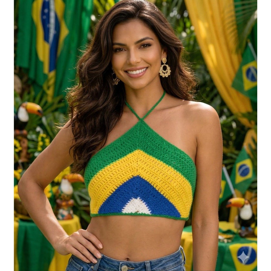 Cropped Top de Crochê Feminino Moda Verão Topinho Triangulo Com Amarração Copa Do Mundo Brasil 2026